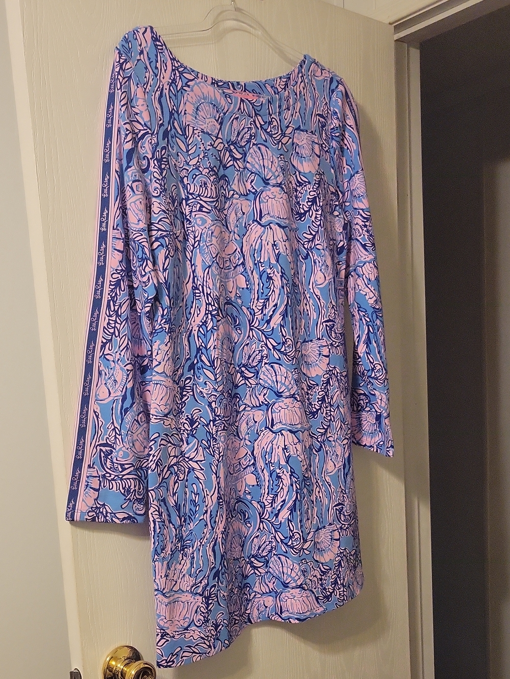 NWOT Lilly Pulitzer Blue and Pink Seashell Turtle Long Sleeve Printed Dress